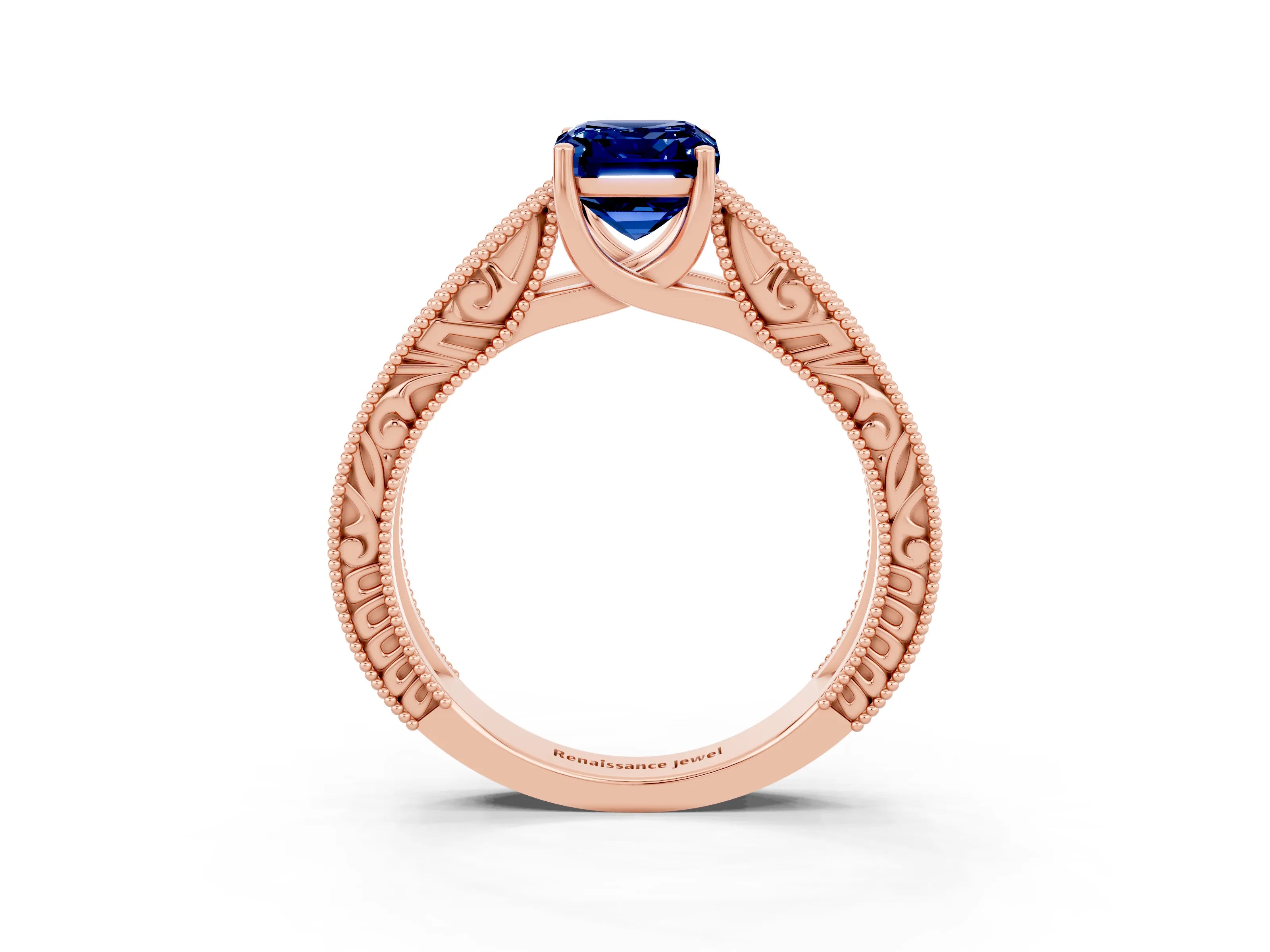 Rose gold Emerald Cut Blue Sapphire Solitaire Ring with Engraved Band and Four-Prong Setting_3