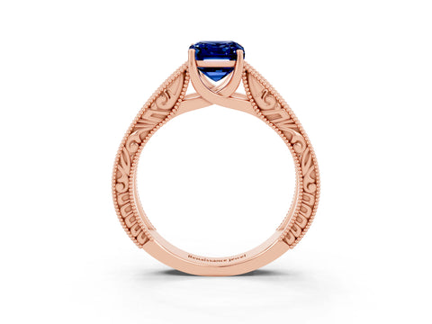 Rose gold Emerald Cut Blue Sapphire Solitaire Ring with Engraved Band and Four-Prong Setting_3