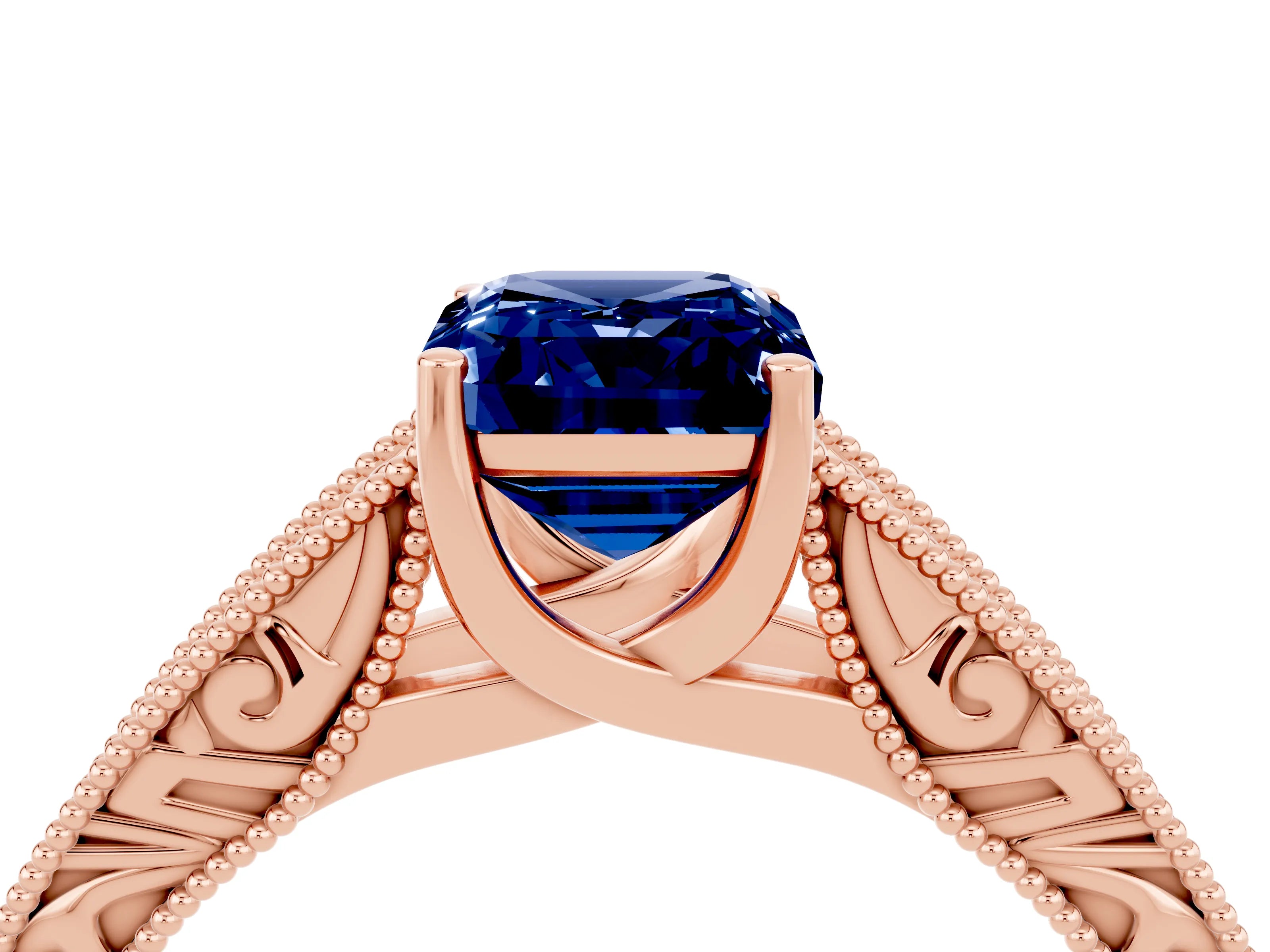 Rose gold Emerald Cut Blue Sapphire Solitaire Ring with Engraved Band and Four-Prong Setting_4
