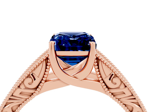 Rose gold Emerald Cut Blue Sapphire Solitaire Ring with Engraved Band and Four-Prong Setting_4
