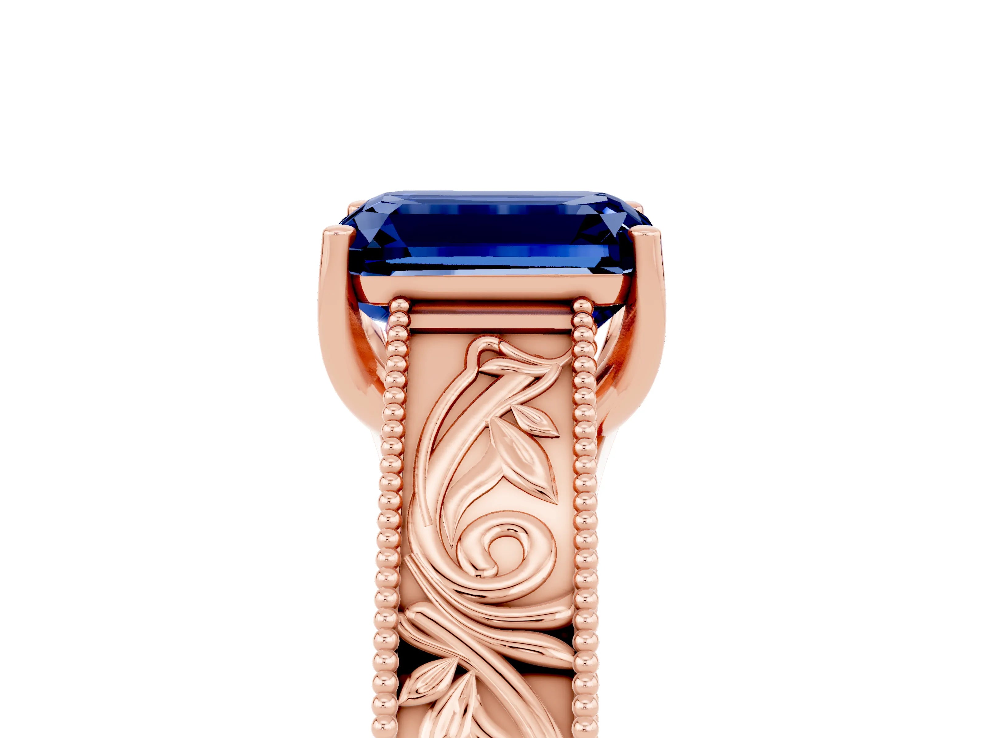 Rose gold Emerald Cut Blue Sapphire Solitaire Ring with Engraved Band and Four-Prong Setting_5