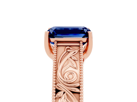 Rose gold Emerald Cut Blue Sapphire Solitaire Ring with Engraved Band and Four-Prong Setting_5