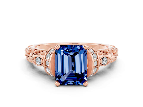 Rose gold Emerald Cut Blue Sapphire Solitaire Ring with Filigree Band and Four-Prong Setting_24