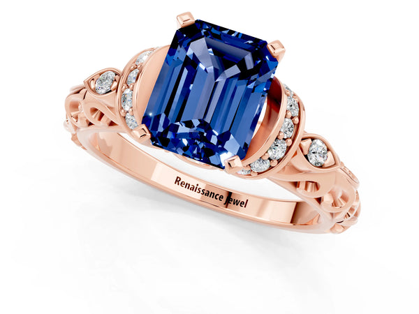Rose gold Emerald Cut Blue Sapphire Solitaire Ring with Filigree Band and Four-Prong Setting