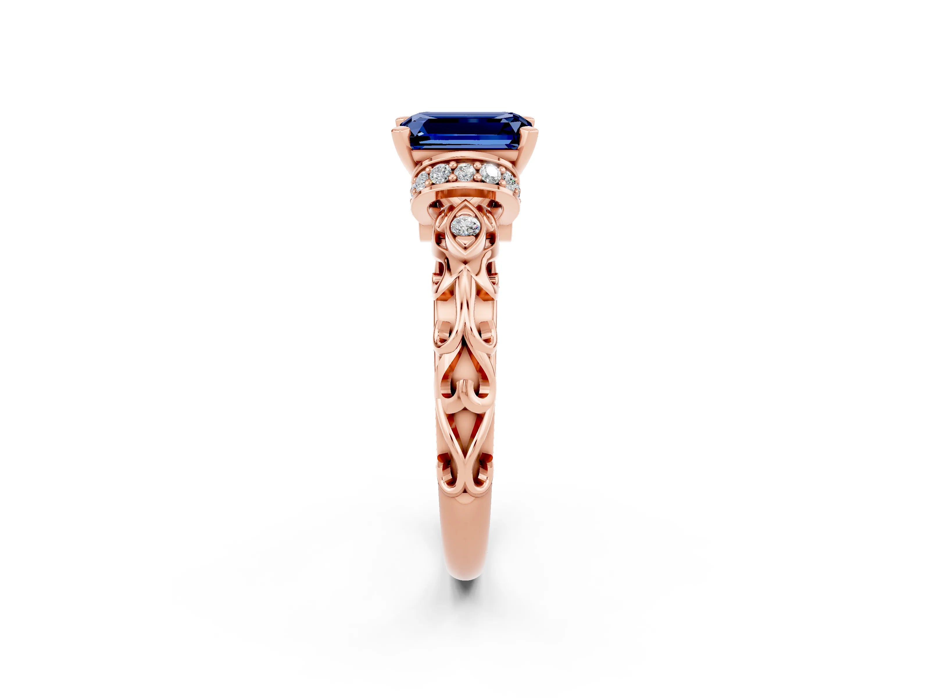 Rose gold Emerald Cut Blue Sapphire Solitaire Ring with Filigree Band and Four-Prong Setting_26