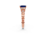 Rose gold Emerald Cut Blue Sapphire Solitaire Ring with Filigree Band and Four-Prong Setting_26