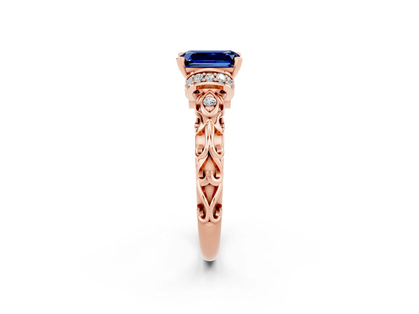 Rose gold Emerald Cut Blue Sapphire Solitaire Ring with Filigree Band and Four-Prong Setting