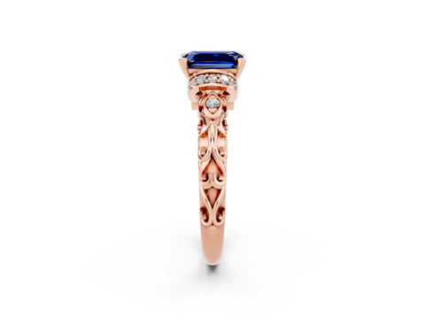 Rose gold Emerald Cut Blue Sapphire Solitaire Ring with Filigree Band and Four-Prong Setting_26