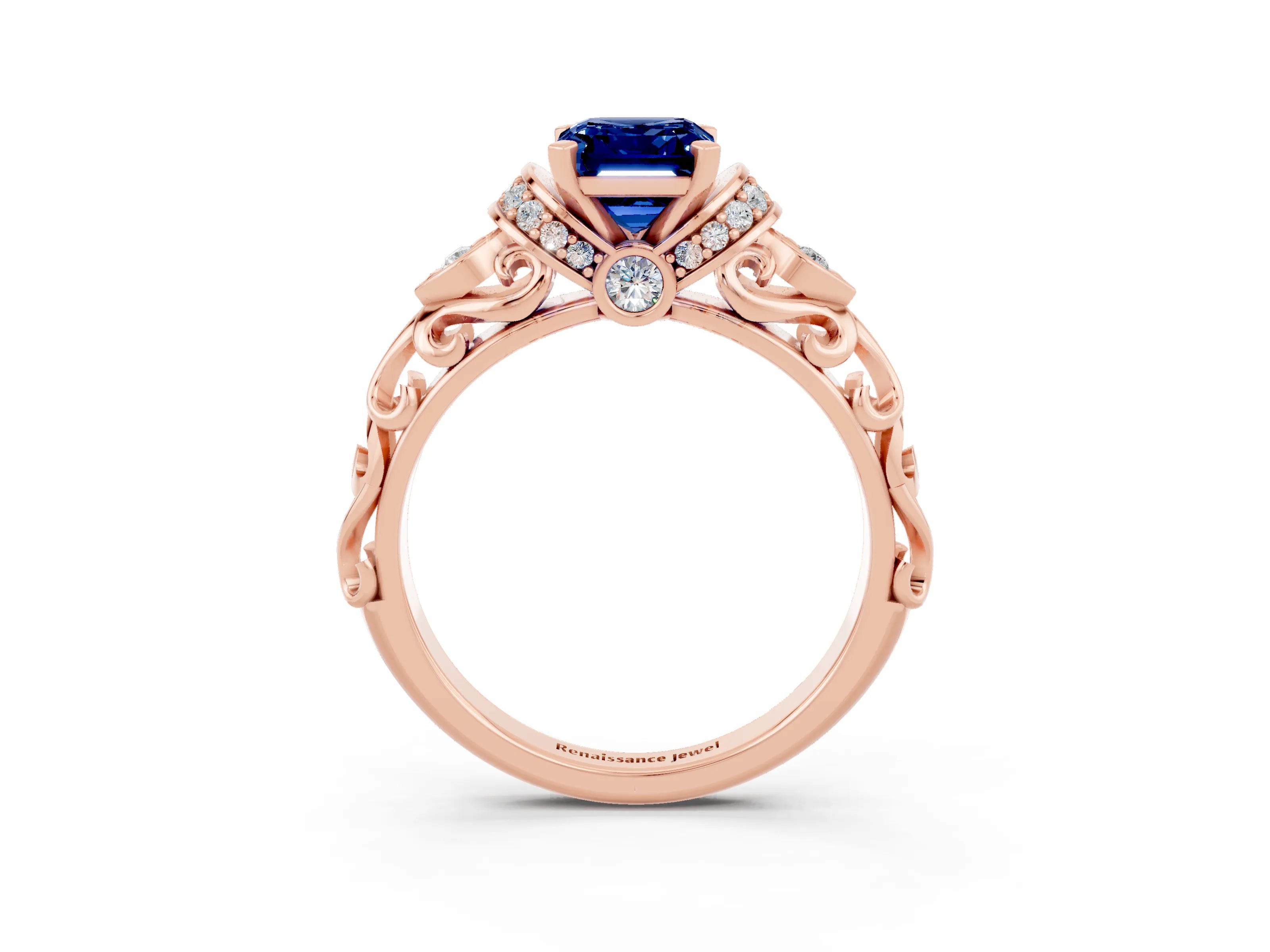 Rose gold Emerald Cut Blue Sapphire Solitaire Ring with Filigree Band and Four-Prong Setting_27