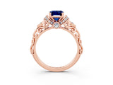 Rose gold Emerald Cut Blue Sapphire Solitaire Ring with Filigree Band and Four-Prong Setting_27
