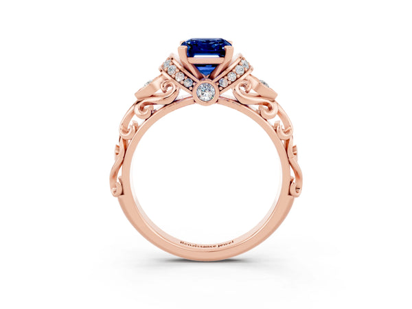 Rose gold Emerald Cut Blue Sapphire Solitaire Ring with Filigree Band and Four-Prong Setting