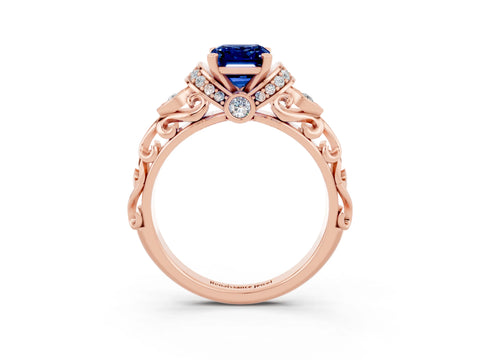 Rose gold Emerald Cut Blue Sapphire Solitaire Ring with Filigree Band and Four-Prong Setting_27