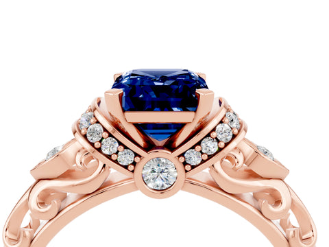 Rose gold Emerald Cut Blue Sapphire Solitaire Ring with Filigree Band and Four-Prong Setting_28