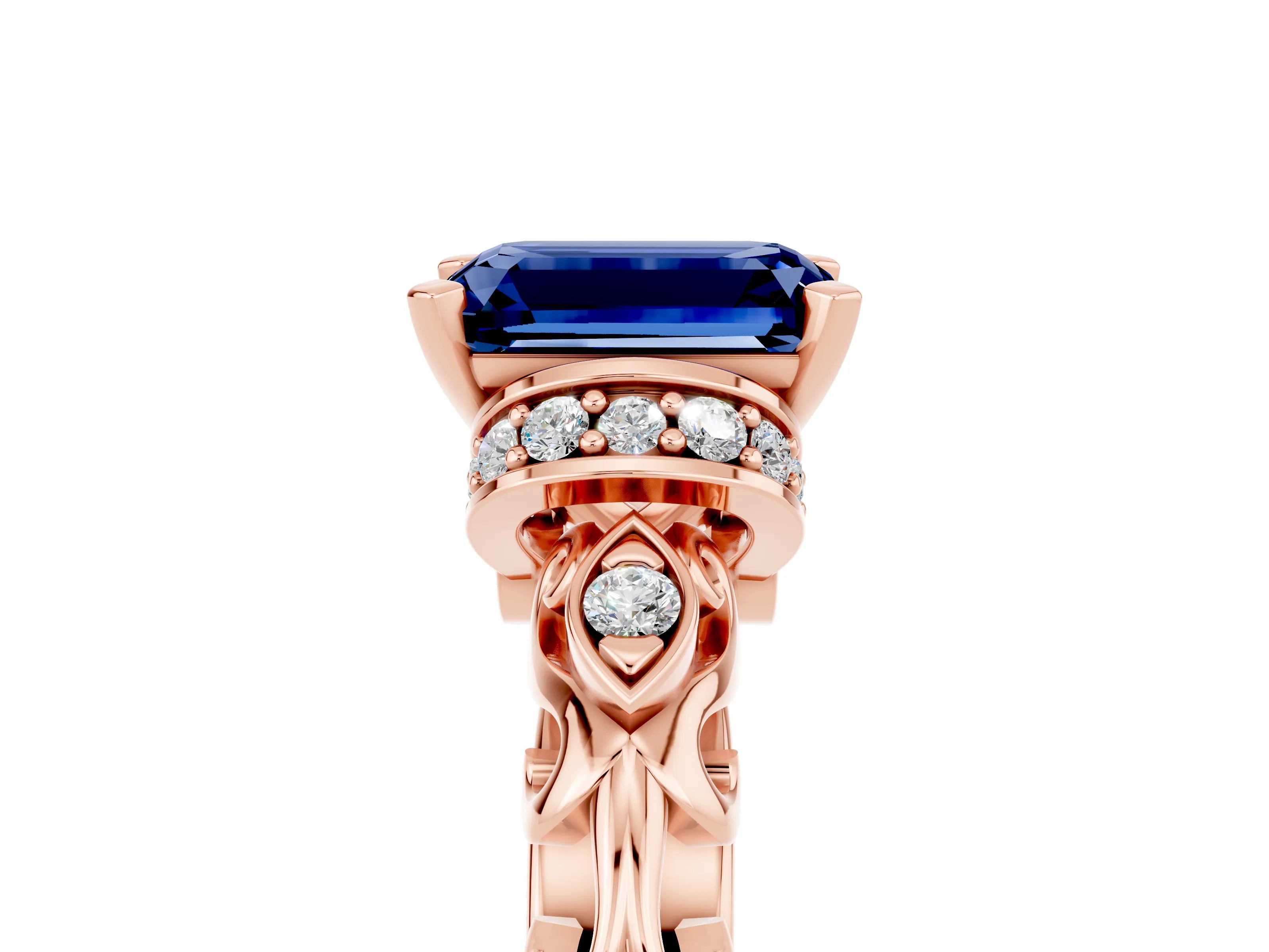 Rose gold Emerald Cut Blue Sapphire Solitaire Ring with Filigree Band and Four-Prong Setting_29