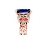 Rose gold Emerald Cut Blue Sapphire Solitaire Ring with Filigree Band and Four-Prong Setting_29