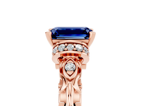 Rose gold Emerald Cut Blue Sapphire Solitaire Ring with Filigree Band and Four-Prong Setting_29