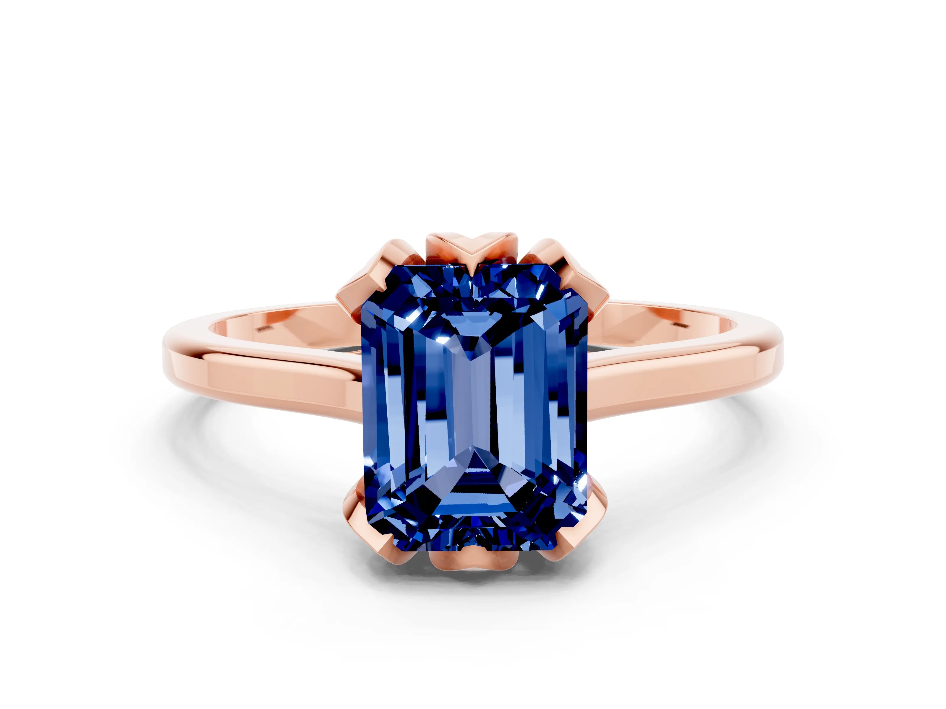 Rose gold Emerald Cut Blue Sapphire Solitaire Ring with Flower Prong Setting and Classic Band_12