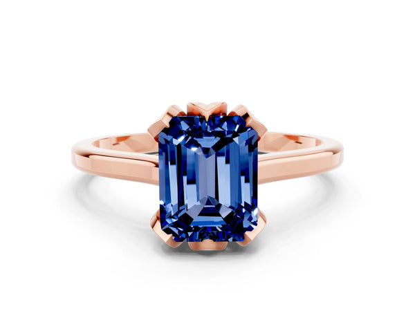 Rose gold Emerald Cut Blue Sapphire Solitaire Ring with Flower Prong Setting and Classic Band