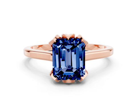 Rose gold Emerald Cut Blue Sapphire Solitaire Ring with Flower Prong Setting and Classic Band_12