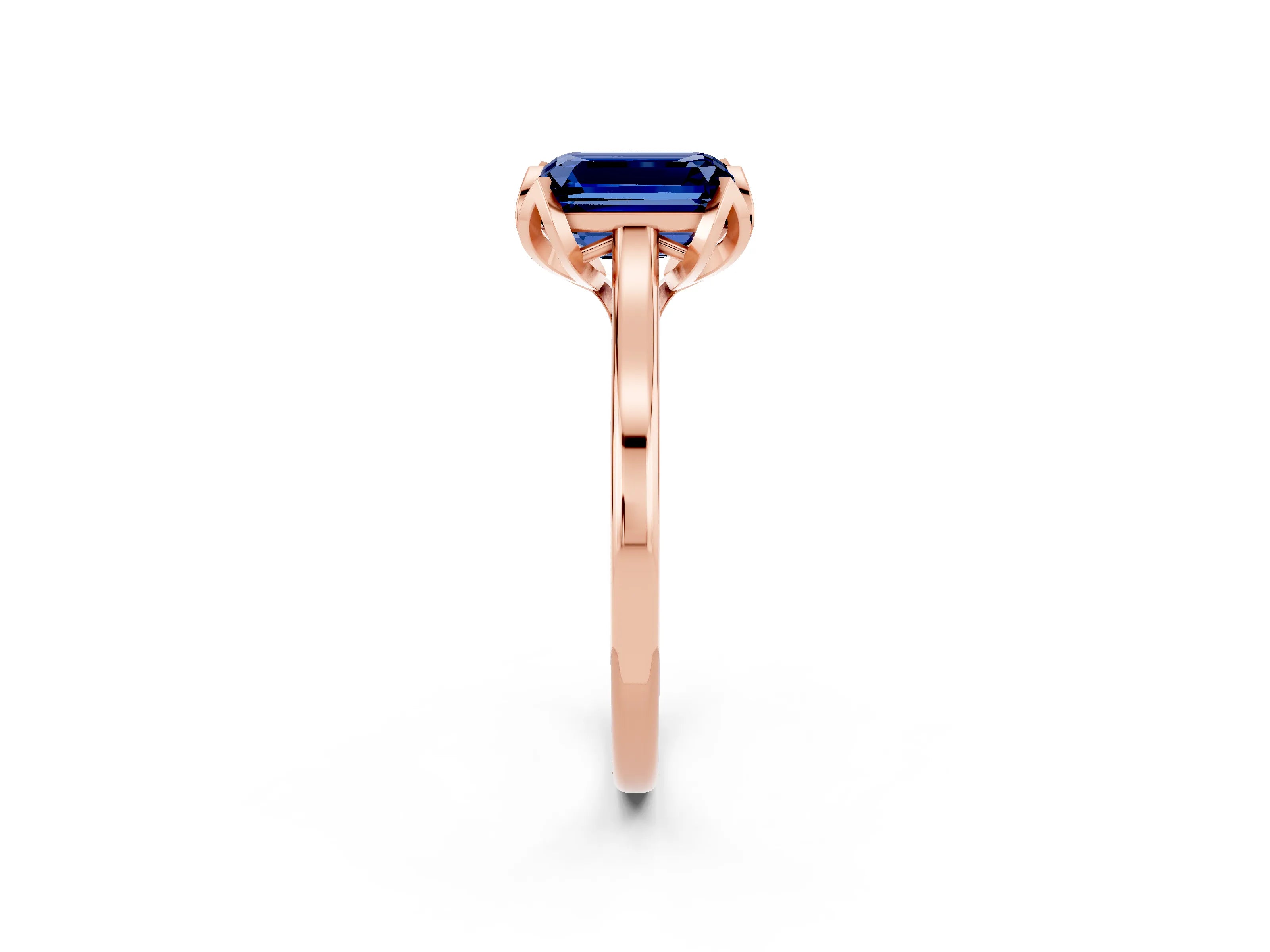 Rose gold Emerald Cut Blue Sapphire Solitaire Ring with Flower Prong Setting and Classic Band_14