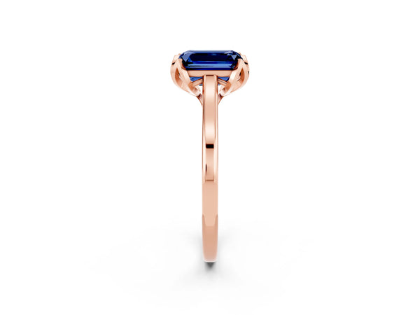 Rose gold Emerald Cut Blue Sapphire Solitaire Ring with Flower Prong Setting and Classic Band