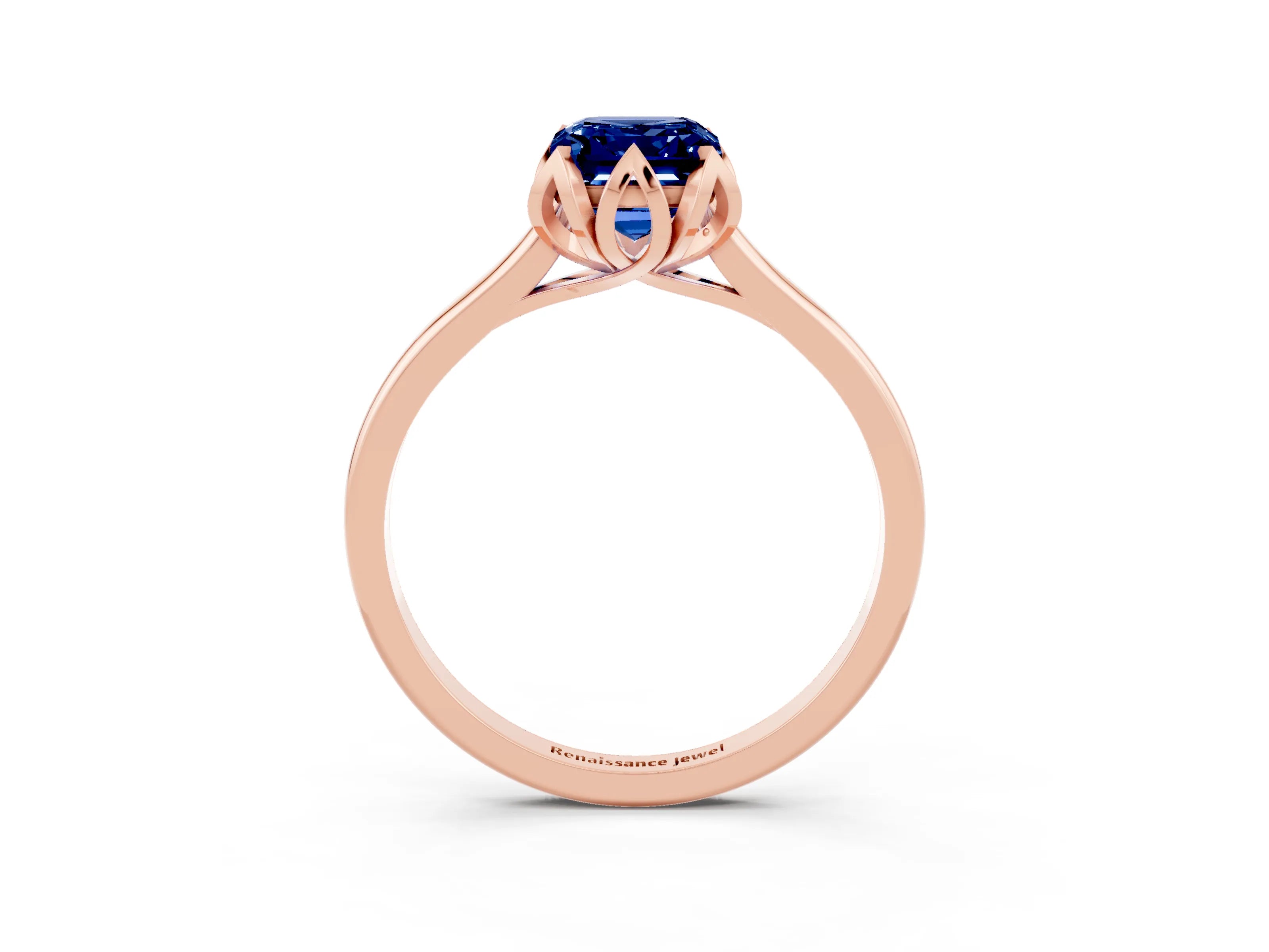 Rose gold Emerald Cut Blue Sapphire Solitaire Ring with Flower Prong Setting and Classic Band_15
