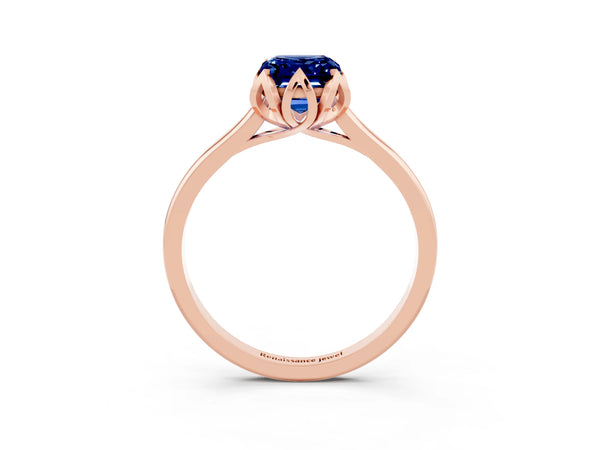 Rose gold Emerald Cut Blue Sapphire Solitaire Ring with Flower Prong Setting and Classic Band