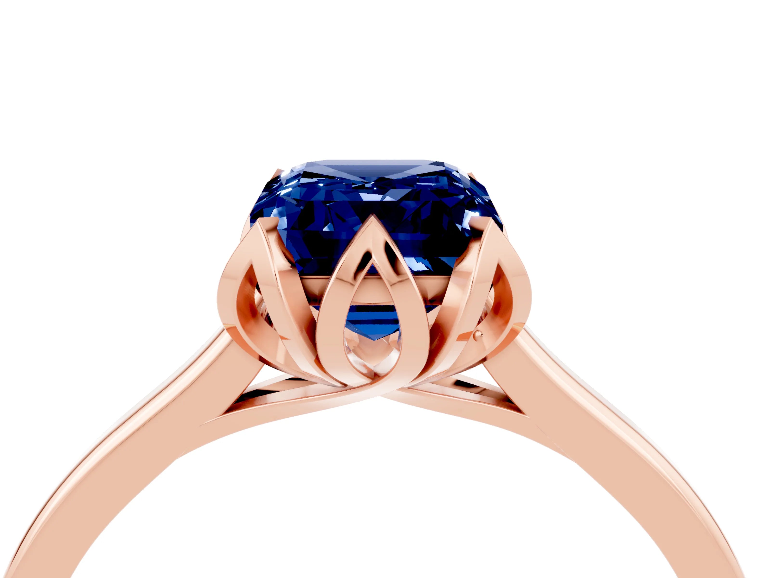 Rose gold Emerald Cut Blue Sapphire Solitaire Ring with Flower Prong Setting and Classic Band_16