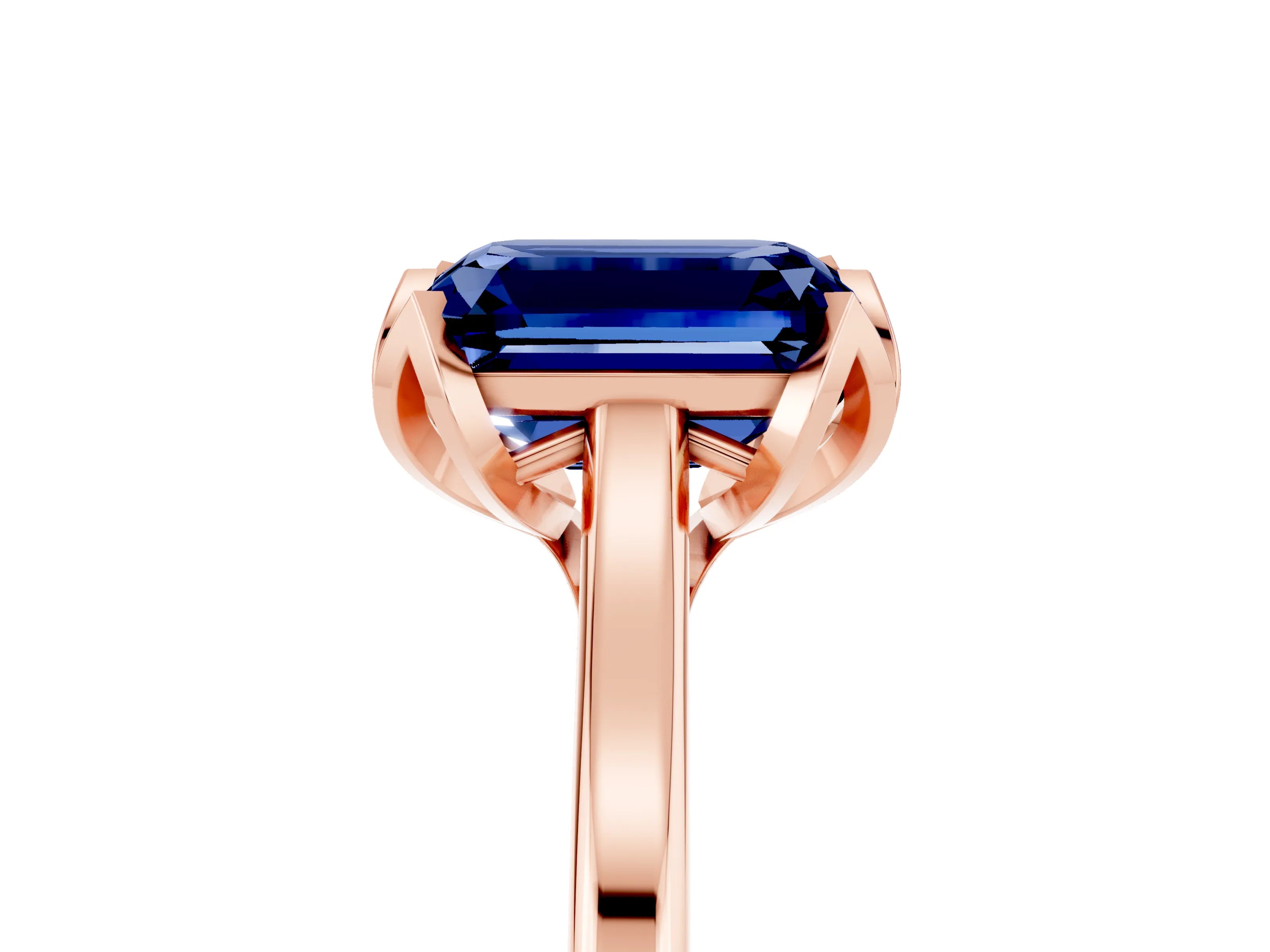 Rose gold Emerald Cut Blue Sapphire Solitaire Ring with Flower Prong Setting and Classic Band_17