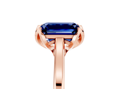 Rose gold Emerald Cut Blue Sapphire Solitaire Ring with Flower Prong Setting and Classic Band_17