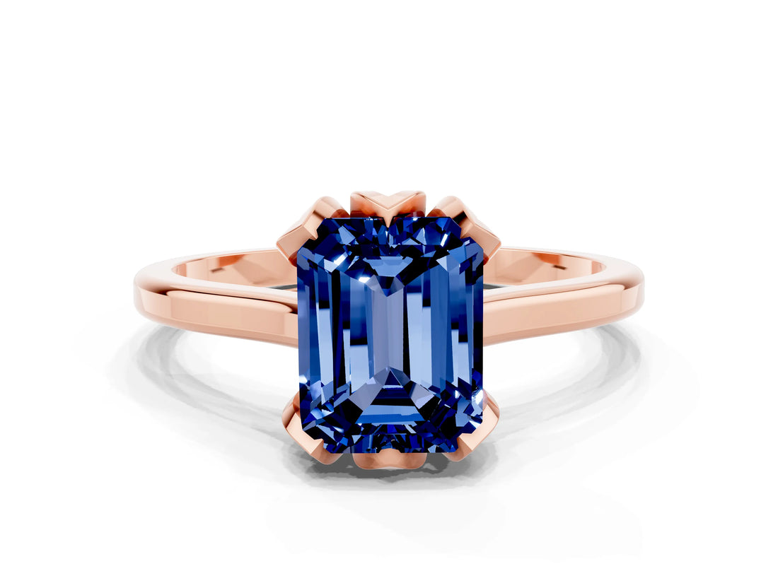 Rose gold Emerald Cut Blue Sapphire Solitaire Ring with Flower Prong Setting and Classic Band_36