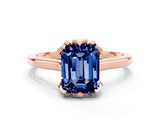 Rose gold Emerald Cut Blue Sapphire Solitaire Ring with Flower Prong Setting and Classic Band_36