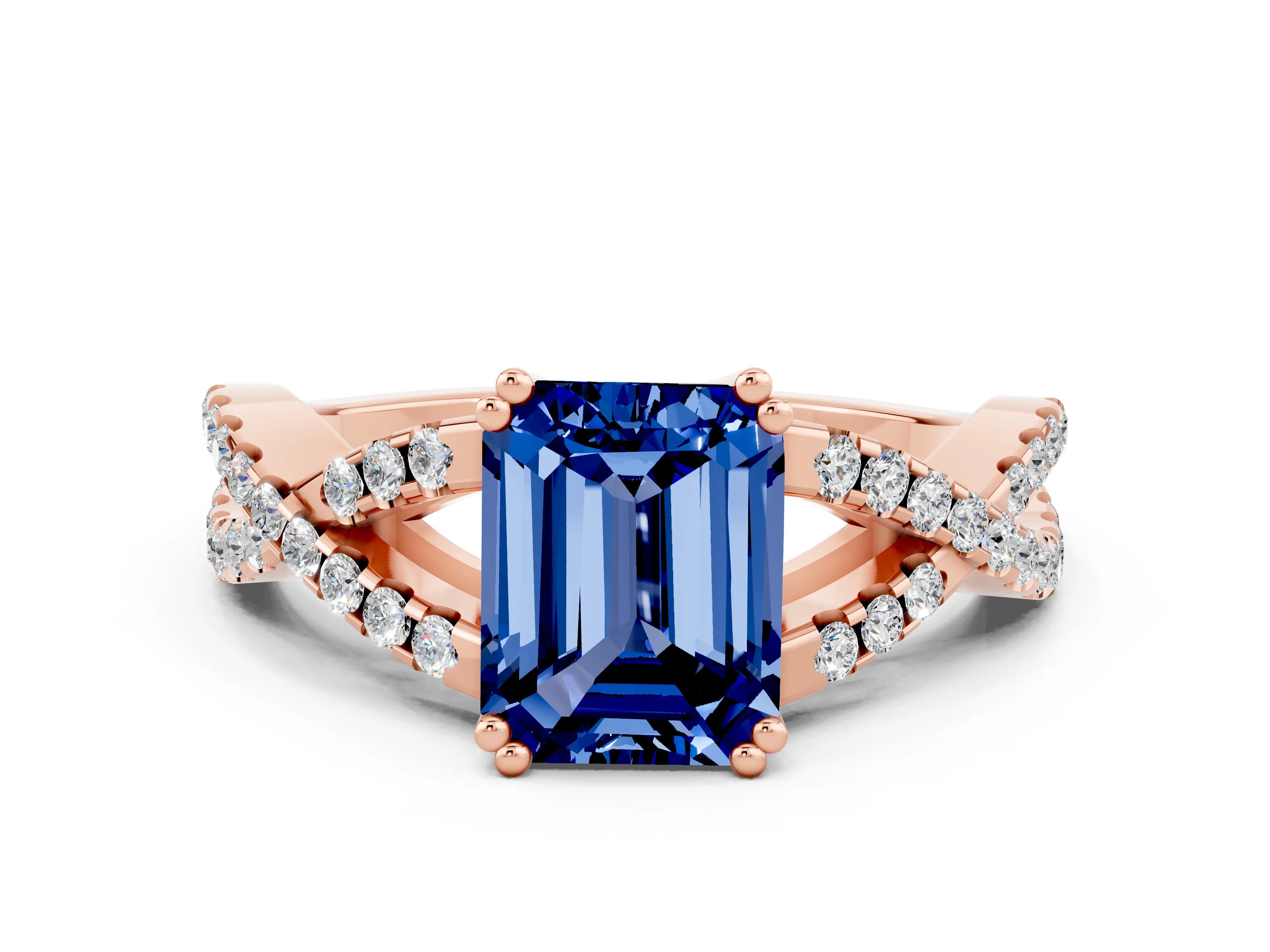 Rose gold Emerald Cut Blue Sapphire Solitaire Ring with Four-Prong Setting and Twisted Pavé Band