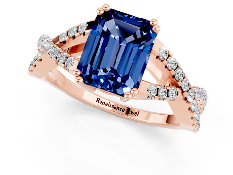 Rose gold Emerald Cut Blue Sapphire Solitaire Ring with Four-Prong Setting and Twisted Pavé Band_1
