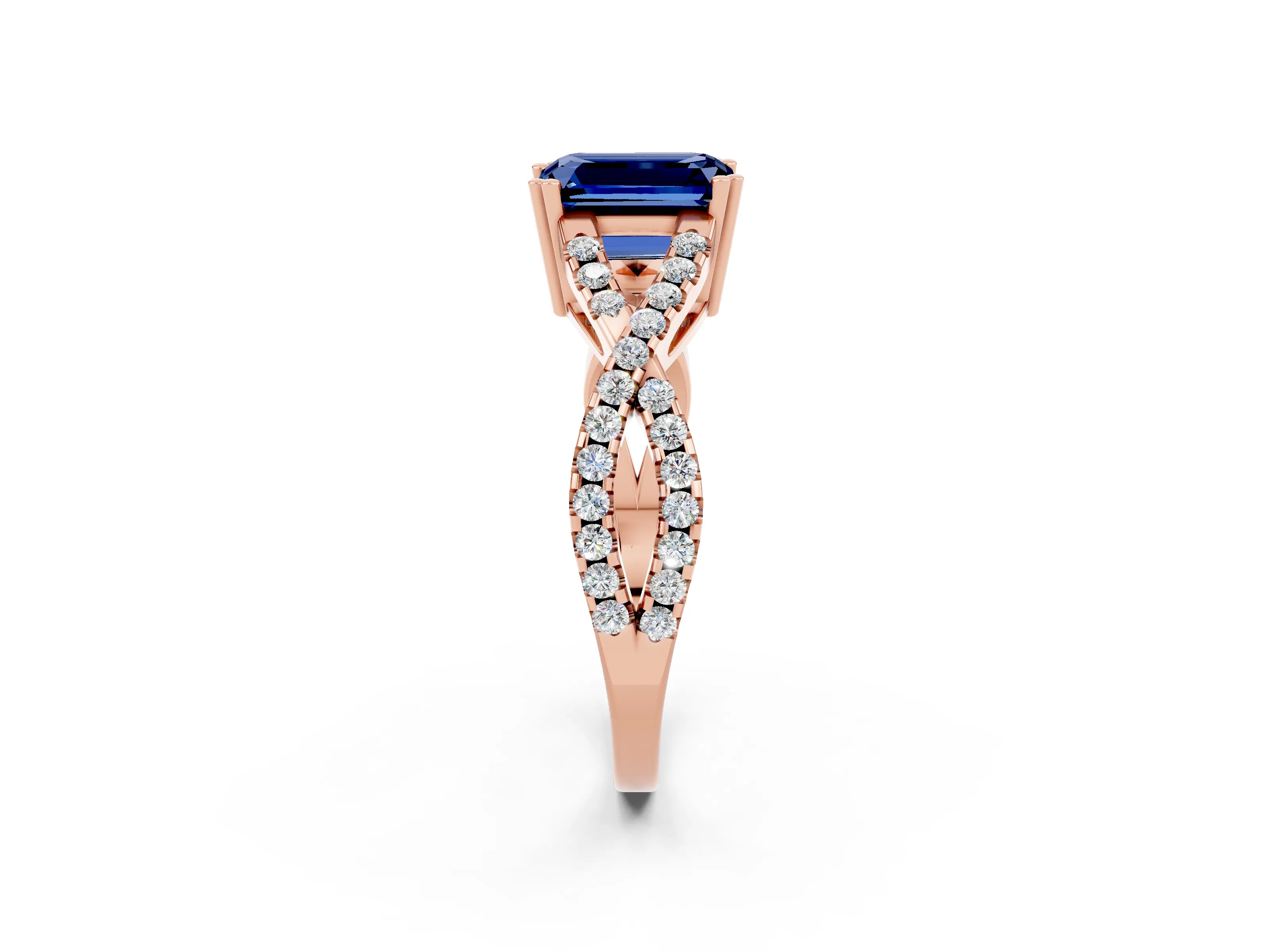 Rose gold Emerald Cut Blue Sapphire Solitaire Ring with Four-Prong Setting and Twisted Pavé Band_2