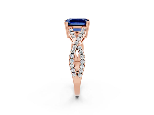 Rose gold Emerald Cut Blue Sapphire Solitaire Ring with Four-Prong Setting and Twisted Pavé Band