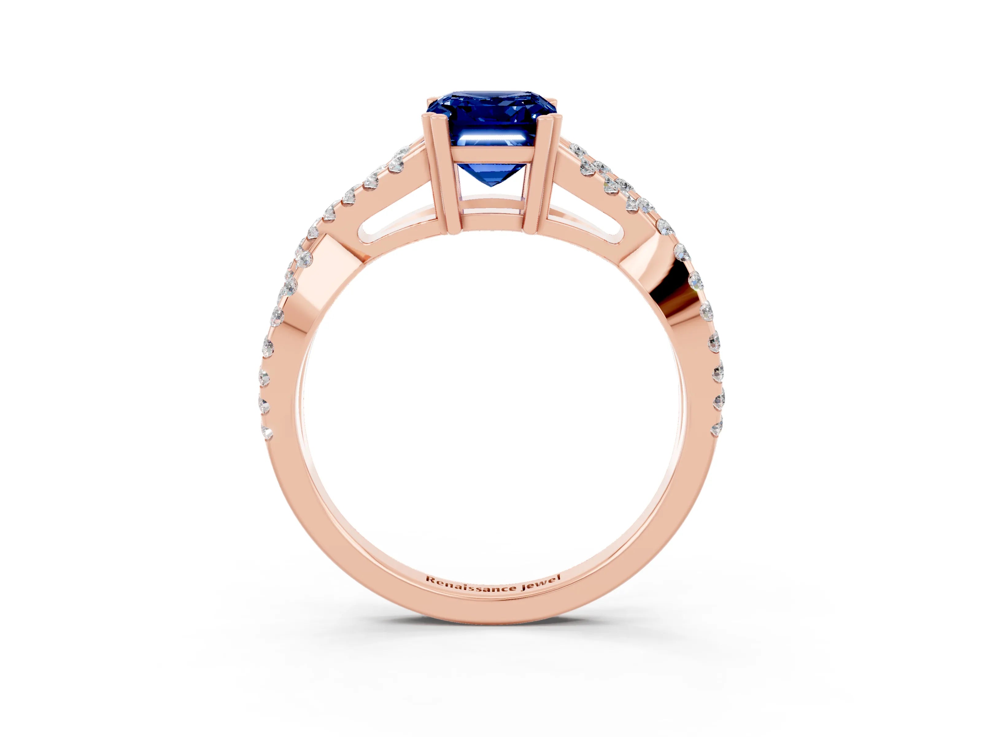 Rose gold Emerald Cut Blue Sapphire Solitaire Ring with Four-Prong Setting and Twisted Pavé Band_3