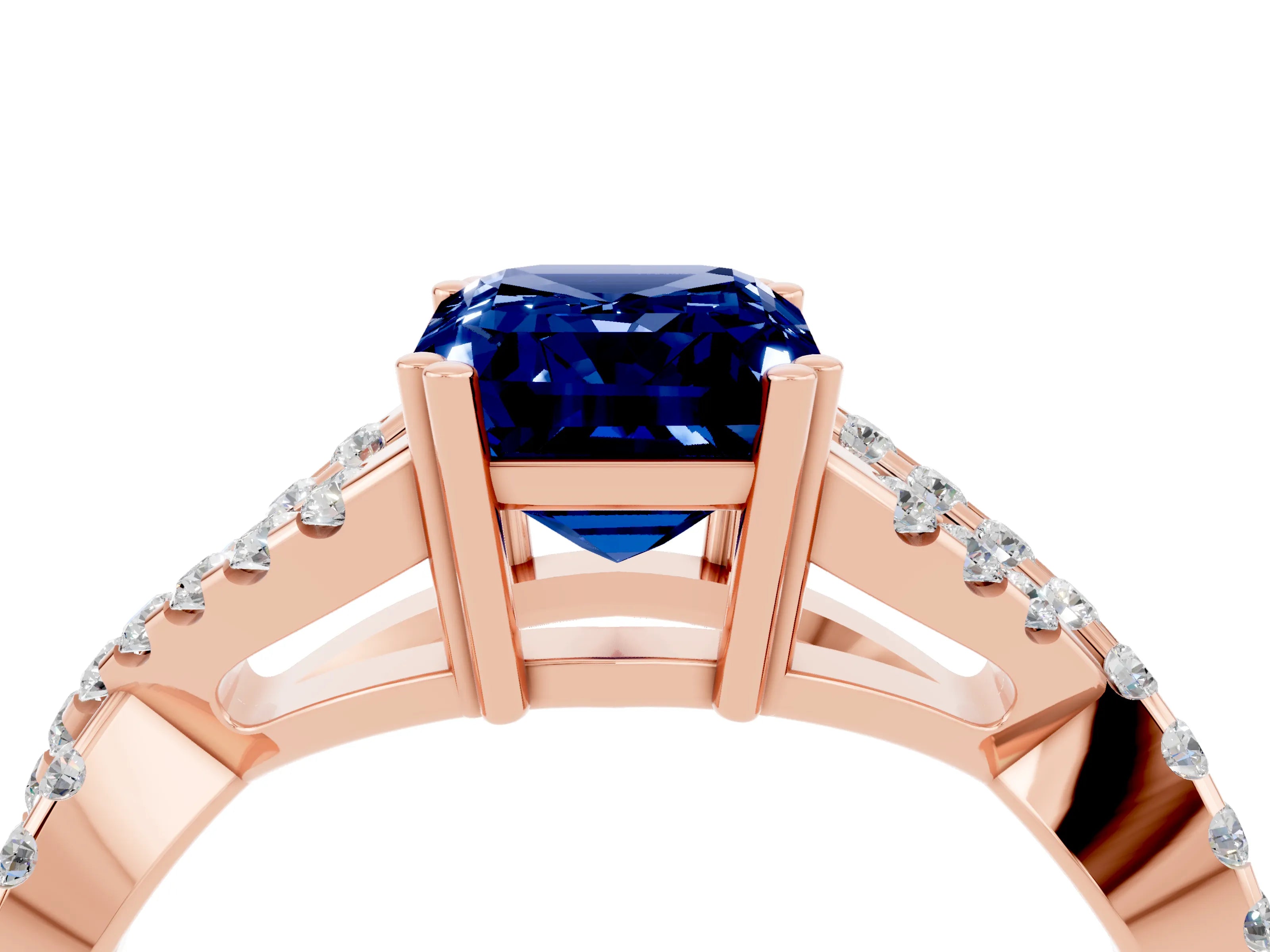 Rose gold Emerald Cut Blue Sapphire Solitaire Ring with Four-Prong Setting and Twisted Pavé Band_4