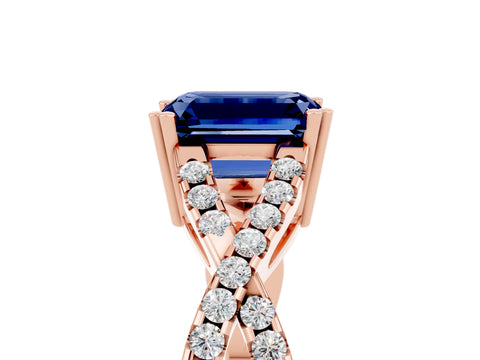 Rose gold Emerald Cut Blue Sapphire Solitaire Ring with Four-Prong Setting and Twisted Pavé Band_5