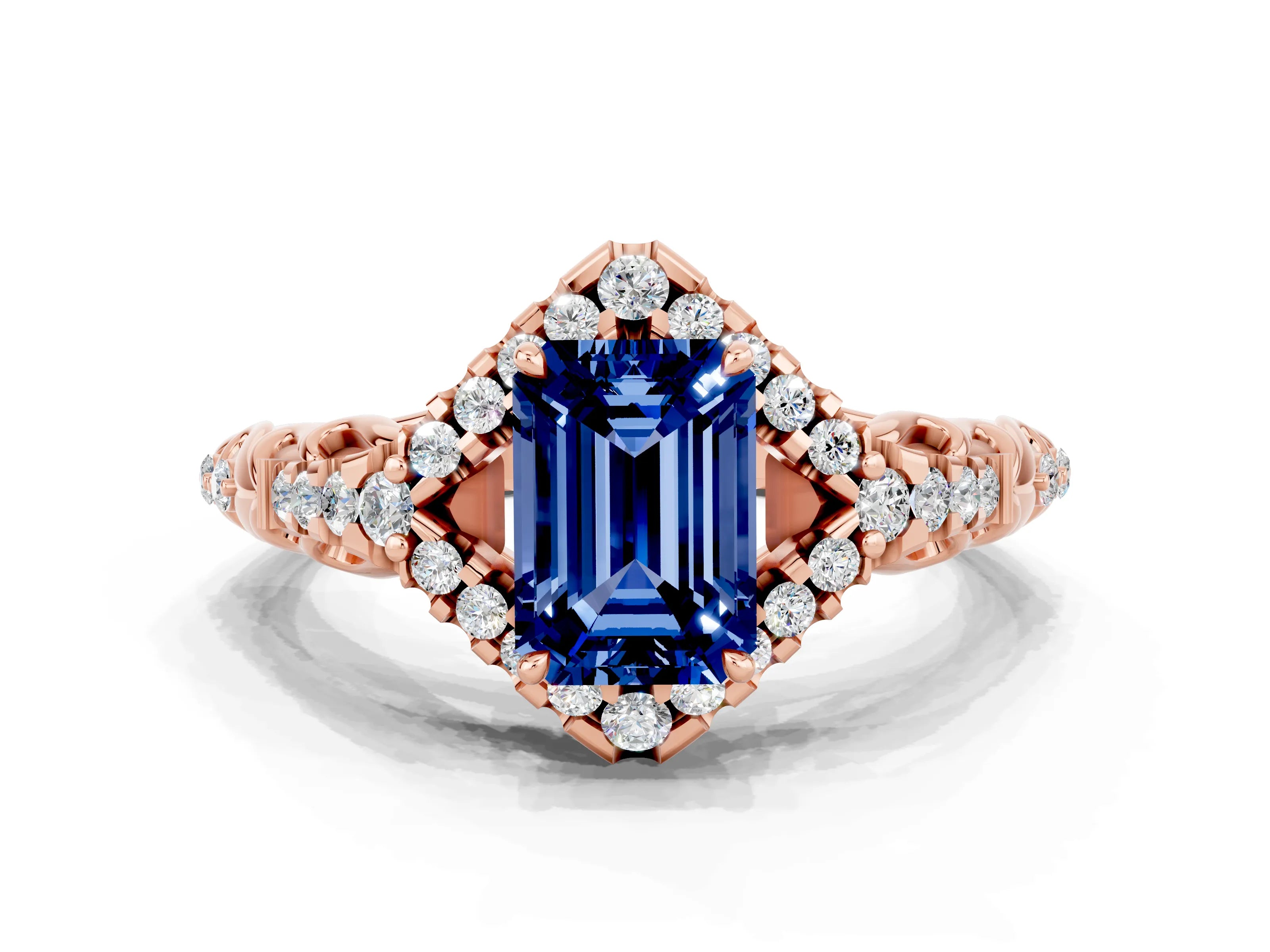 Rose gold Emerald Cut Blue Sapphire Solitaire Ring with Hidden Halo and Pavé Band_12