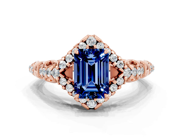 Rose gold Emerald Cut Blue Sapphire Solitaire Ring with Hidden Halo and Pavé Band