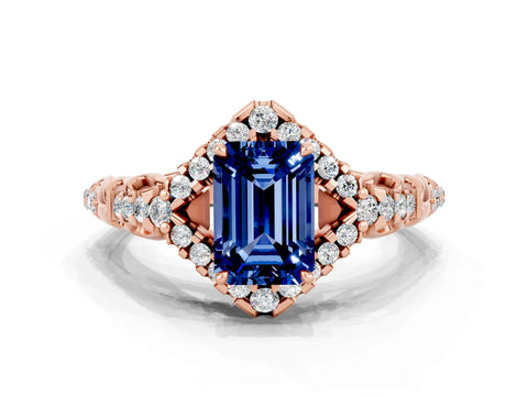 Rose gold Emerald Cut Blue Sapphire Solitaire Ring with Hidden Halo and Pavé Band_12