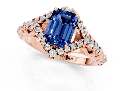 Rose gold Emerald Cut Blue Sapphire Solitaire Ring with Hidden Halo and Pavé Band_13