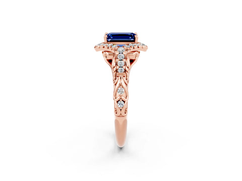 Rose gold Emerald Cut Blue Sapphire Solitaire Ring with Hidden Halo and Pavé Band_14