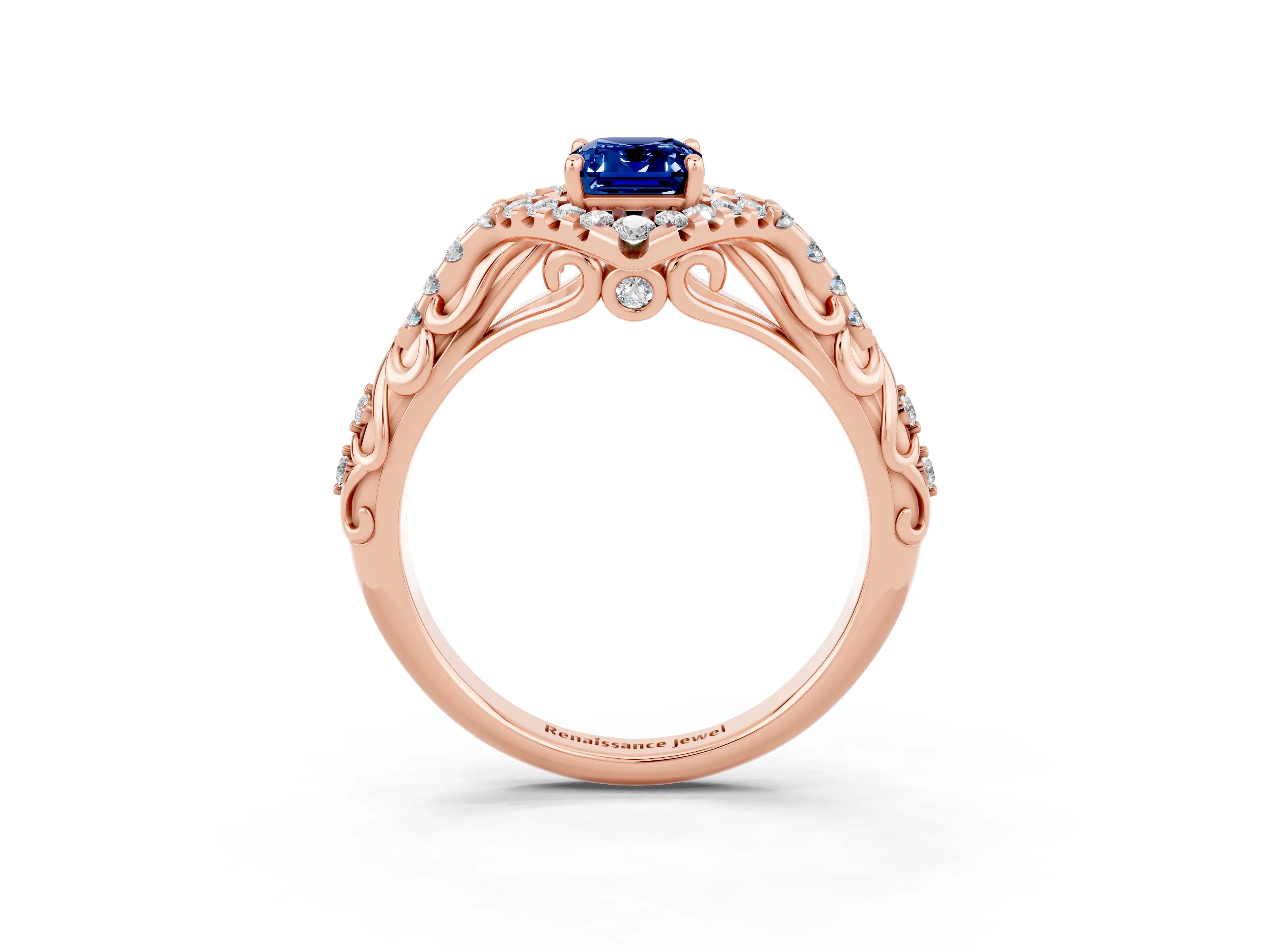 Rose gold Emerald Cut Blue Sapphire Solitaire Ring with Hidden Halo and Pavé Band_15
