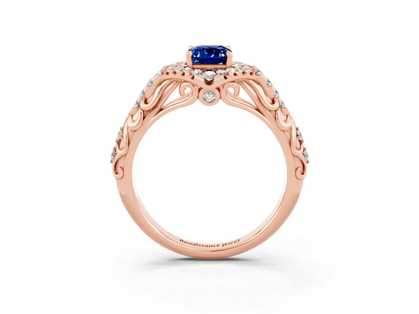 Rose gold Emerald Cut Blue Sapphire Solitaire Ring with Hidden Halo and Pavé Band