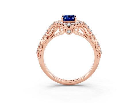 Rose gold Emerald Cut Blue Sapphire Solitaire Ring with Hidden Halo and Pavé Band_15
