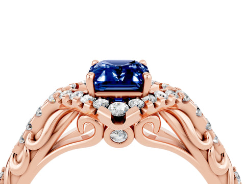 Rose gold Emerald Cut Blue Sapphire Solitaire Ring with Hidden Halo and Pavé Band_16