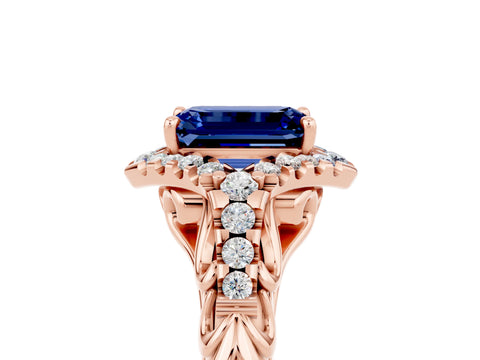 Rose gold Emerald Cut Blue Sapphire Solitaire Ring with Hidden Halo and Pavé Band_17