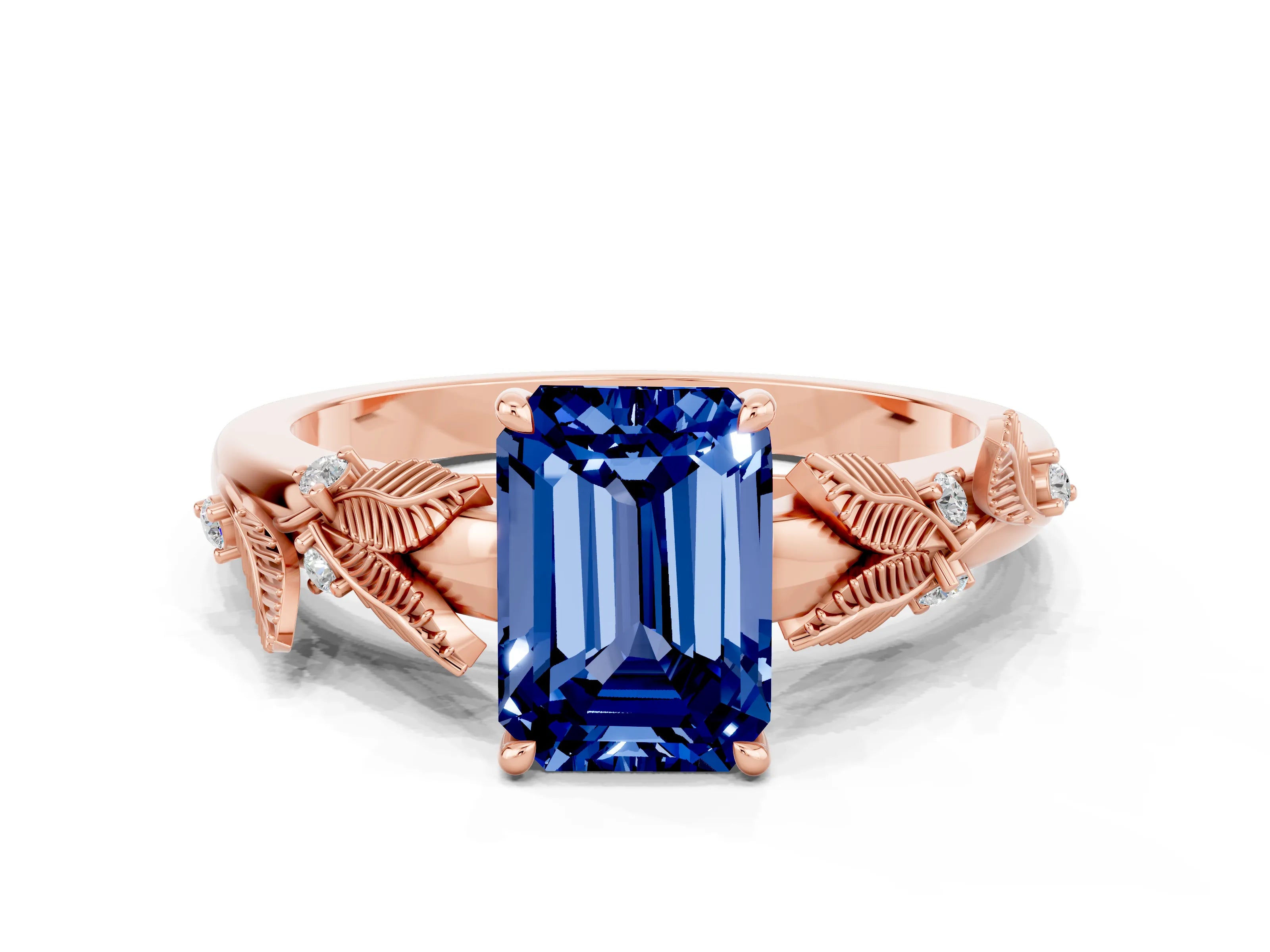 Rose gold Emerald Cut Blue Sapphire Solitaire Ring with Leaf Motif Band and Four-Prong Setting